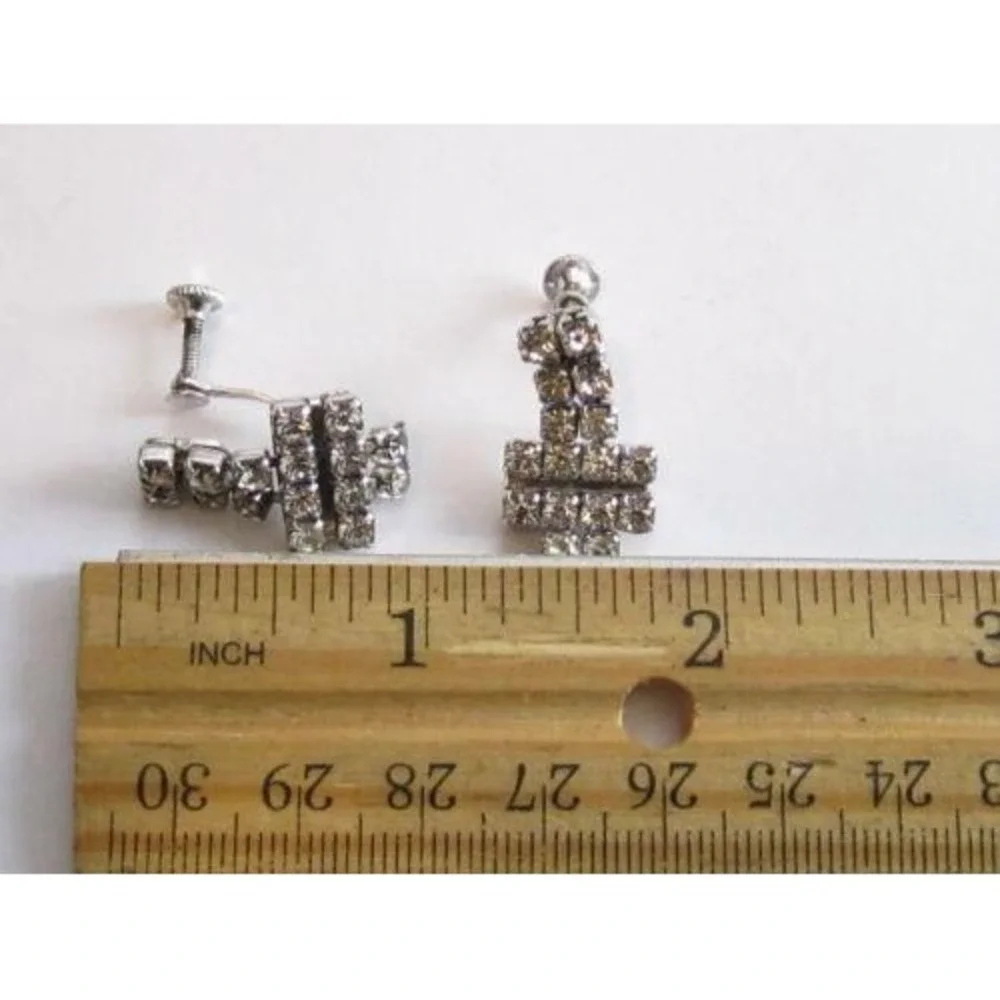 Vintage Rhodium Plated Art Deco Clear‎ Rhinestone Sparkling SB Earrings